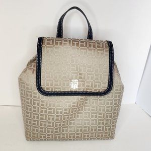 Tommy Hilfiger Large Khaki Tonal Jacquard Backpack with Navy Trim, New with Tags